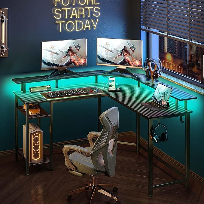 Rolanstar L Shaped Gaming Desk with LED Lights & Power Outlets, 53" Computer Desk with Full Monitor Stand & Storage Shelf, Corner Desk with Hooks, Carbon Fiber Desk Reversible