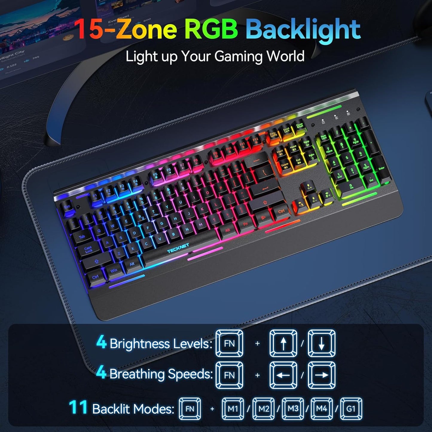 Wireless Keyboard – 2.4G & Wired, RGB Backlit, Quiet Keys, 4000mAh Battery, Metal Panel