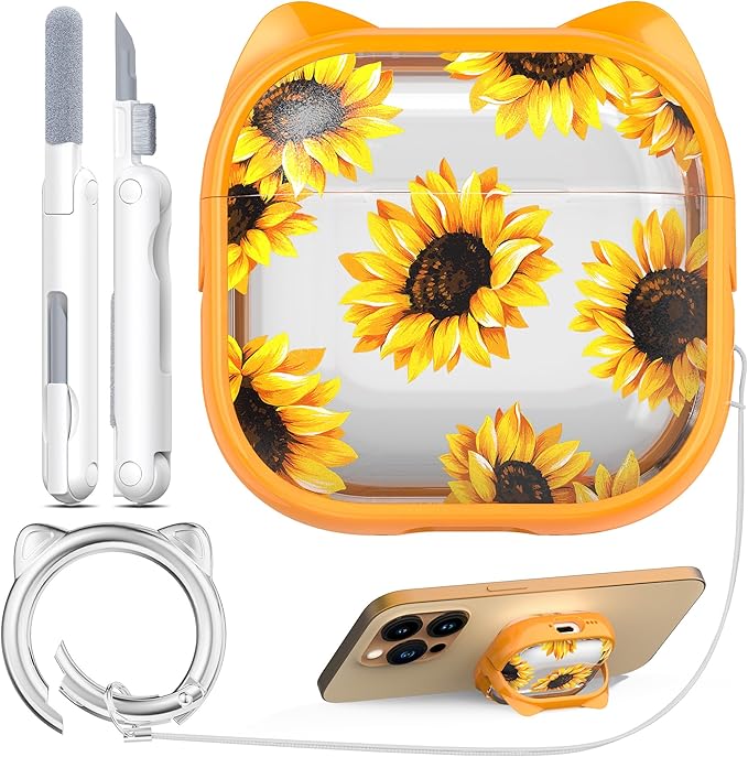 RFUNGUANGO AirPods 4 Case for Women Girly Cat Case with Lock, Phone Stand, Keychain & Cleaner Kit, Compatible with Apple Airpods 4th Generation Case Cover, Transparent Sunflower
