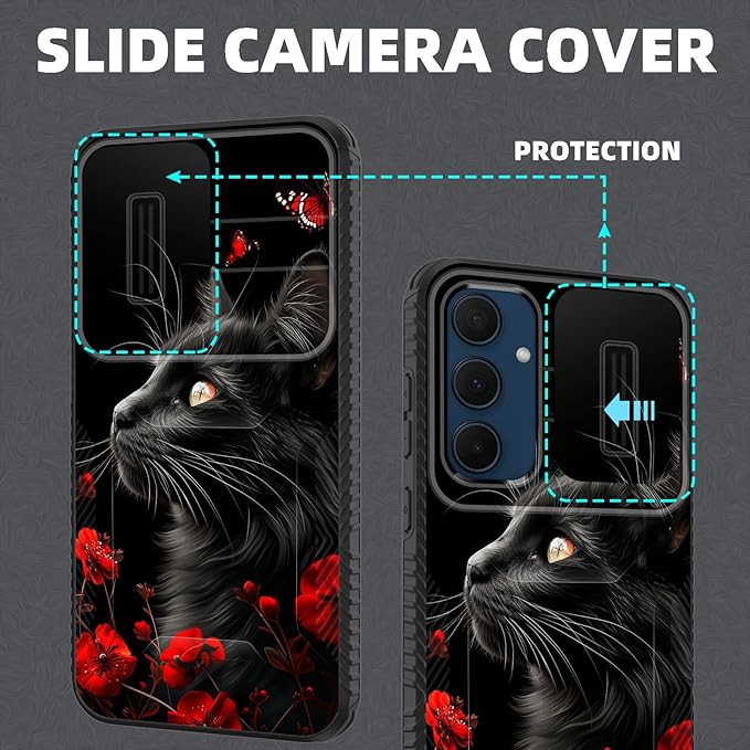 for Galaxy A35 5G Case Built in Slide Camera Lens Cover,Heavy Duty Shockproof Protection Dual Layer Case for Samsung Galaxy A35 5G 6.6 inch 2024,Black Cat Flowers and Butterflies