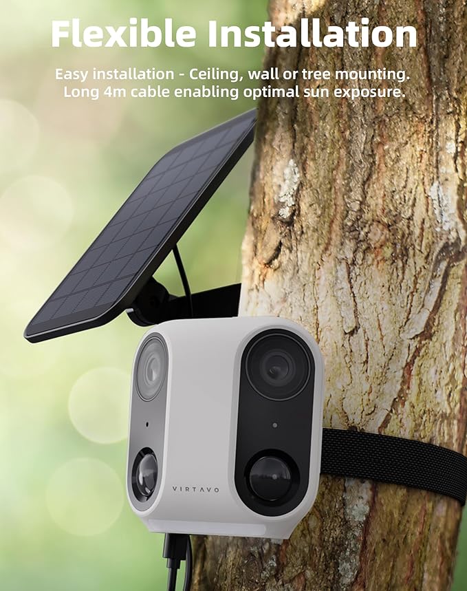 virtavo XM1 Dual-Lens Solar Security Camera Outdoor Wireless, Starlight Night Vision, Smart AI Detection, 100% Wire-Free, IP65 Weatherproof, No Subscription, Local Storage, 2.4GHz WiFi Surveillance