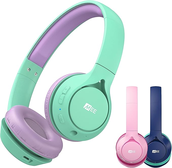 MEE audio KidJamz KJ45BT Children's Safe Listening Bluetooth Wireless Headphones with Volume Limiter & Microphone, Adjustable On-Ear Kids Headset for Online Learning/School/Travel/Tablet Mint/Lavender
