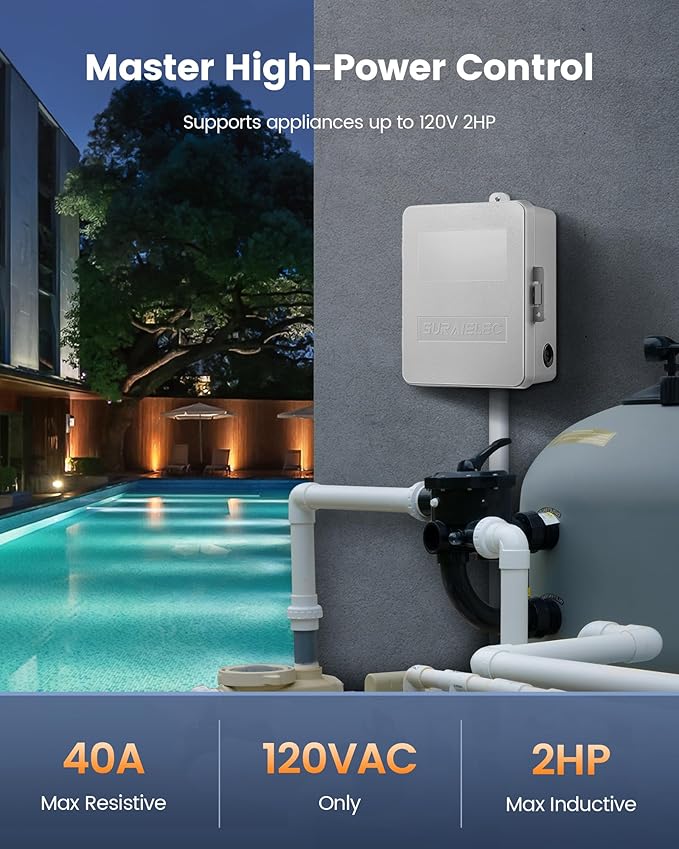 SURAIELEC WiFi Pool Timer, 40 AMP 120V 2HP, Heavy Duty Outdoor Indoor Smart Timer for Pool Pump, Spa, Pool Light, Water Pump, 120 Volt Pool Equipment Controller for Up to 2HP Devices