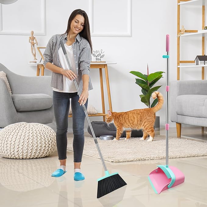 Broom and Dustpan Set, 52-in Long Adjustable Handle Broom Dustpan Combo with Dust pan Teeth to Automatically Clean Hair Suitable for Home Kitchen Office Hall Floor (Pink&Blue), 2 Pack