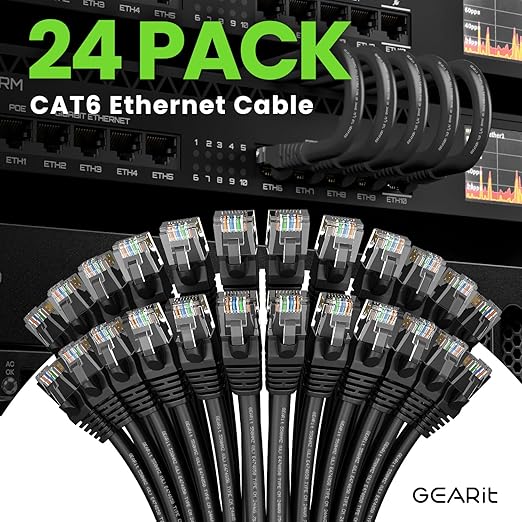 GEARit Cat 6 Ethernet Cable Pack - 24-Pack 2 ft Cat6 Ethernet Patch Cables | RJ45 Network Patch Cable, 10 Gbps Snagless Gold-Plated Connectors - Ethernet Cable Cat 6 for PC, TV, Router - Black