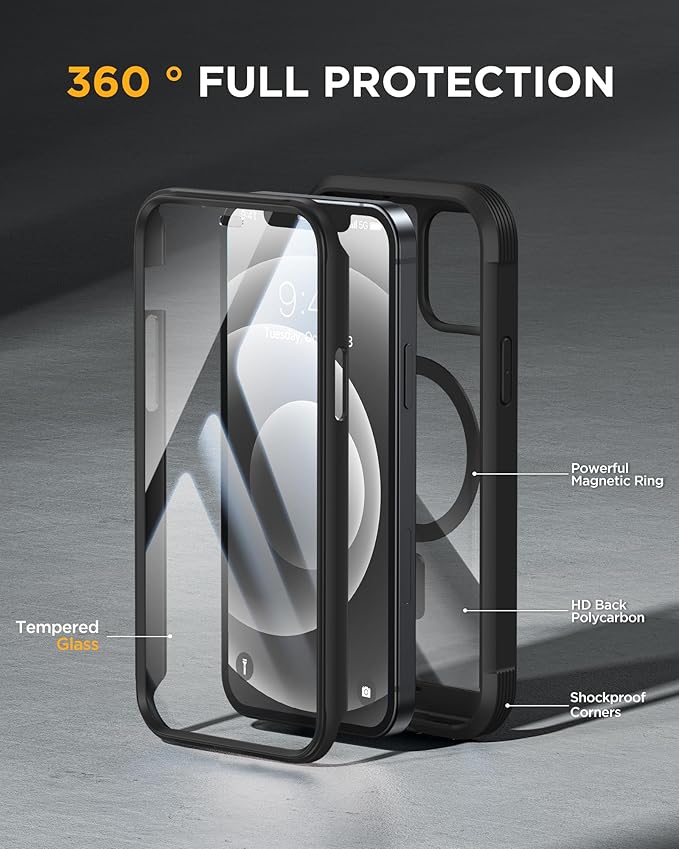 Miracase Magnetic for iPhone 12 mini Case, [360 Full-Body Protection & Complete Camera Guard], Drop & Scratch-Resistant, Shockproof, Stylish Clear iPhone Case, iPhone 12 mini Cover, Black