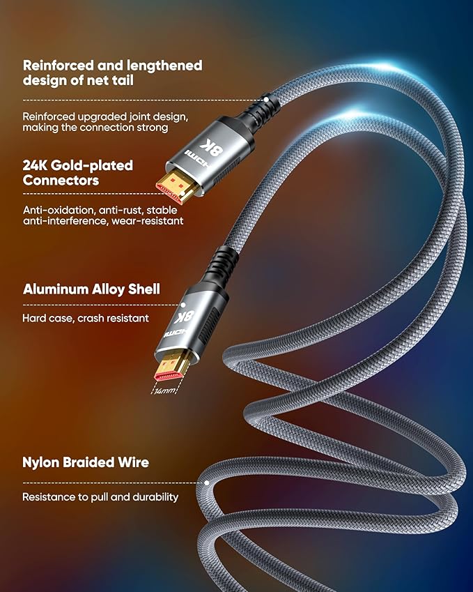 Snowkids 8K HDMI Cable 25 FT Grey, 48Gbps Ultra High-Speed HDMI 2.1 Cables Cord, 10K 8K@60Hz, 4K@120Hz Compatible for TV/Laptop/Monitor/PS-5/X-box/Projector/Entertainment, Sound System & More