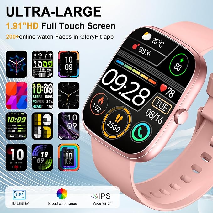 Smart Watch for Women, 1.91"HD Smartwatch (Answer/Make Call), 2025 Fitness Activity Trackers Heart Rate/Sleep Monitor/SpO2, Pedomete IP68 Waterproof,110+ Sport Mode, Watches Women for Android iOS Pink