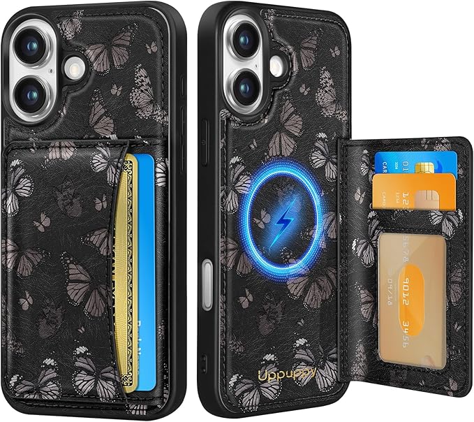 for iPhone 17 Case with Wallet - Fits 4 Card Slots, Compatible with MagSafe for Women Aesthetic Durable PU Leather Credit Card Holder Kickstand Phone Cover for Apple 17, Black Butterfly