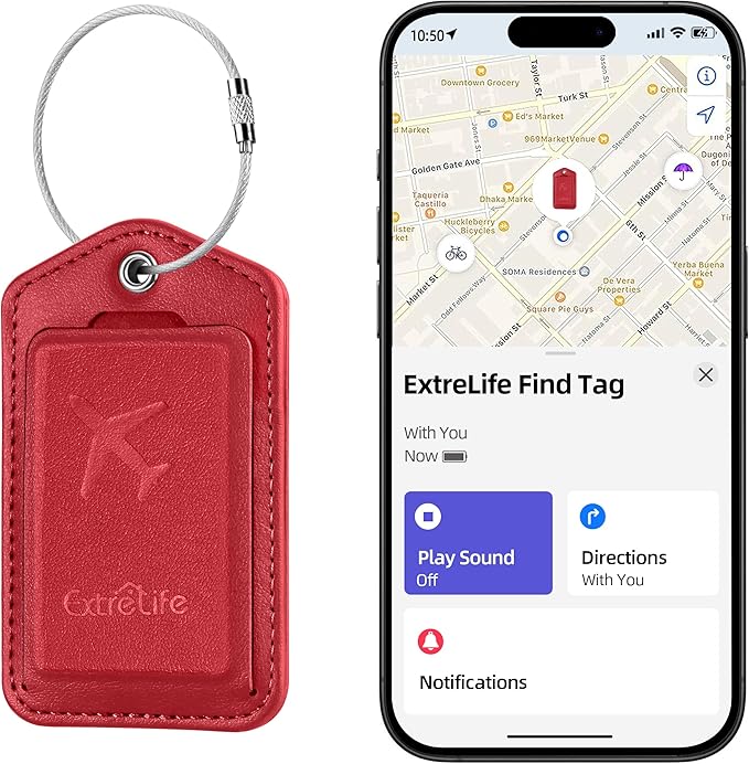 Luggage Tags, Works with Apple Find My, Leather Luggage Tag for Suitcases, Travel Tags, Bag Tag, Suitcase Tag with Privacy Flap, Anti-Lost Smart Luggage Tracker, Travel Essentials, Red