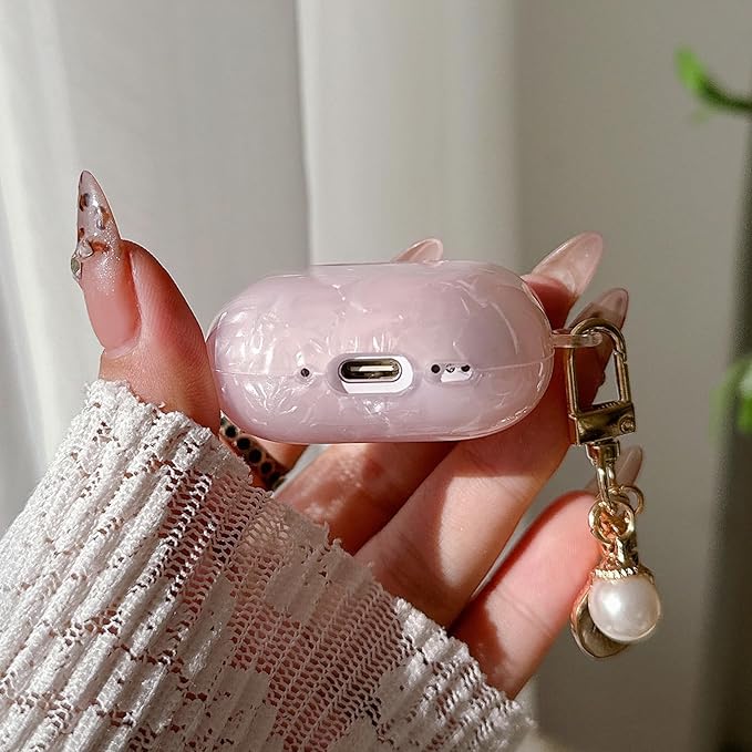 for Airpod 4 Case Cute Luxury Marble Protective Cover with Glitter Shell Pearl Keychain Compatible with AirPods 4th Generation Case 2024 for Girls Women (Pink)