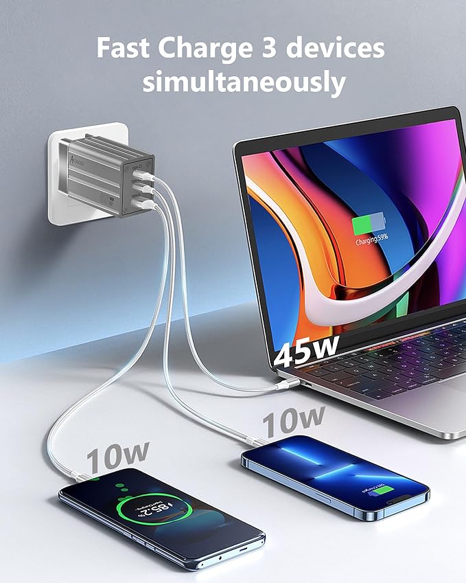 65W USB C Charger Block, GaN Fast Wall Charger,3-Port Type C Power Adapter with 6 Feet USB C Cable for iPad iPhone MacBook Air/Pro, Galaxy, Laptop,etc and More Series (Gray)