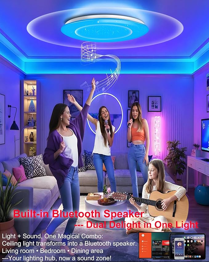 WF-Version LED Ceiling Light with Speaker 60W 20Inch Control via app/Voice/Remote Adjustable Brightness & Color Temperature Ceiling Lamp RGB Ambient Lighting for Bedroom Kids Room and More