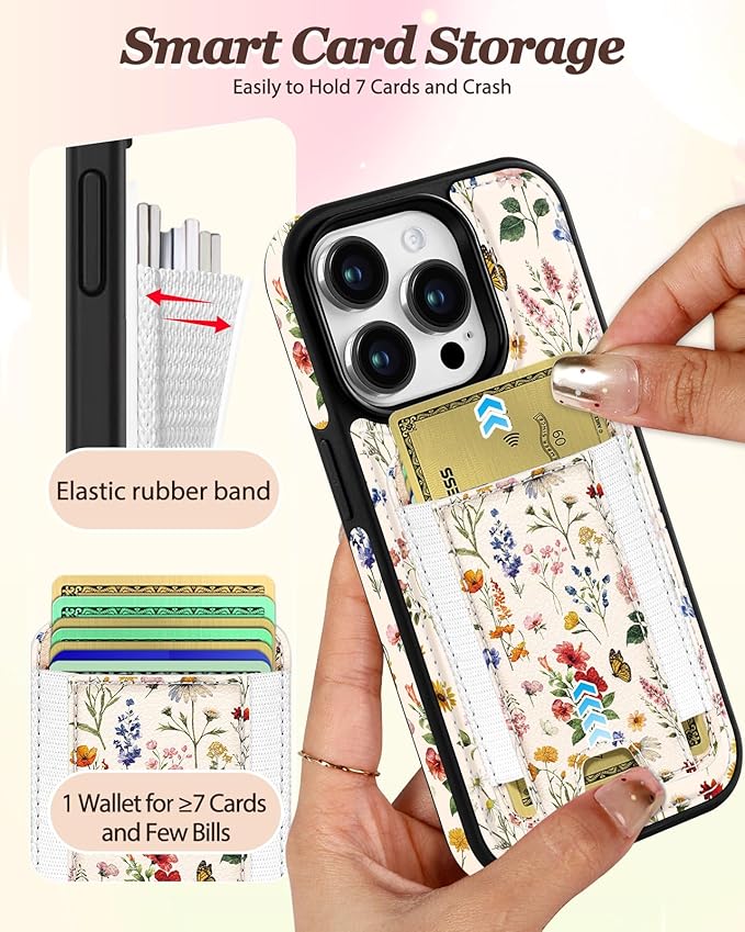 Shorogyt for iPhone 15 Pro Max Case Wallet - Fits 5 Cards, Compatible with Magsafe Detachable Magnetic Credit Card Holder Leather Cardholder Cute Phone Cover Women Girls for Apple 15 ProMax, Floral