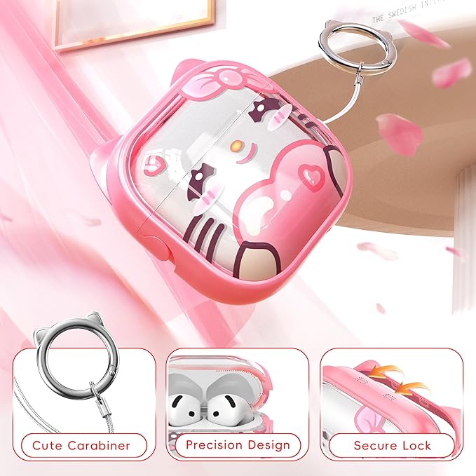 for AirPods 4 Case with Cleaning Kit, Cute Cat Ear Print Design & Cute Buckle, Inverted Phone Holder Design, Top Safe Lock Buckle Design, for Girls AirPods 4 case 2024, Pink Cat