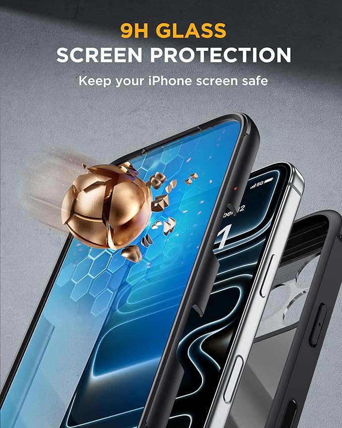 Miracase for iPhone 17 Pro Max Case with 360° Magnetic Ring Stand [Compatible with Magsafe] Full-Body Drop Proof Bumper Phone Case with Built-in 9H Tempered Glass Screen Protector,Black
