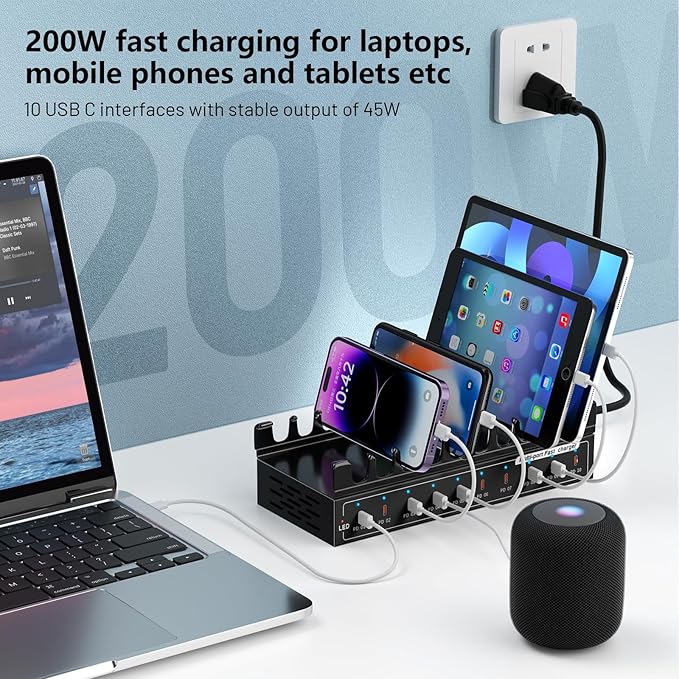 200W USB C Charging Station,Charger with 10 PD Ports, Stations for MacBook, iPhone, Android Cell Phone, iPad, Tablet, Family Multi-Device Organizer Charging Dock