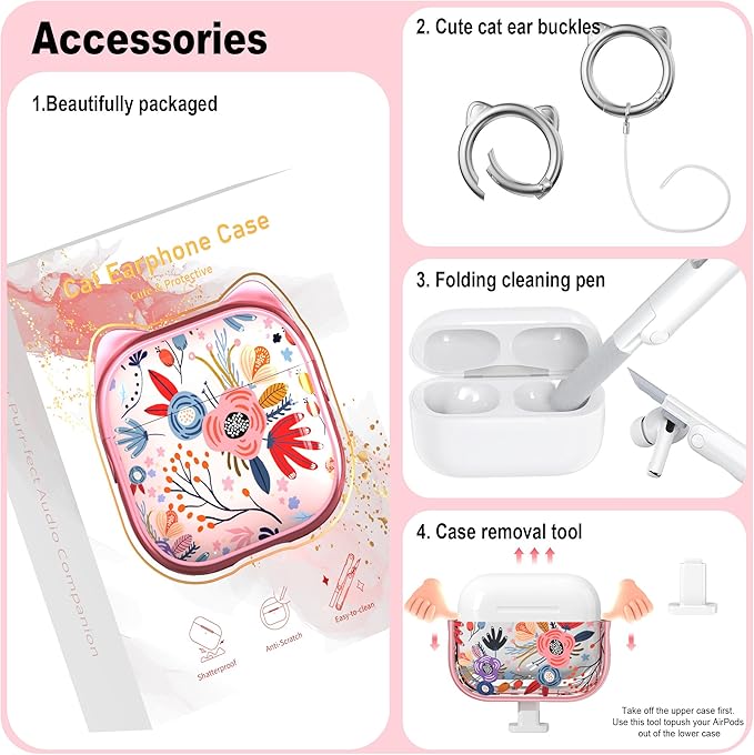 RFUNGUANGO AirPods Pro Case for Women Girly Cat Case with Lock, Phone Stand, Keychain & Cleaner Kit, Compatible with Apple Airpods Pro 2nd/1st Generation Case Cover, Pink Flower