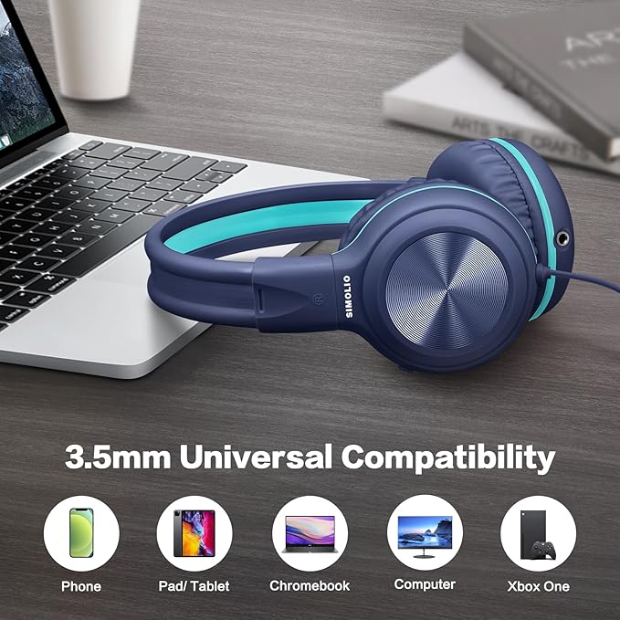 SIMOLIO Wired Kids Headphones for School with Microphone, Volume Limiting & Noise Cancelling PC Headset with Cord, Plug in Headphones for Tablet, Laptop (Navy Blue)