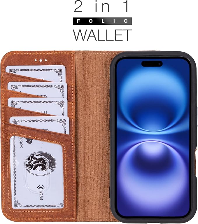 BLACKBROOK Leather Wallet Case for iPhone 16 Plus, Carter Premium Leather Magnetic 2-in-1 Wallet Set, Ready for MagSafe, RFID Protection, 4 Card Slots & ID Pocket, Compatible with iPhone 16 Plus