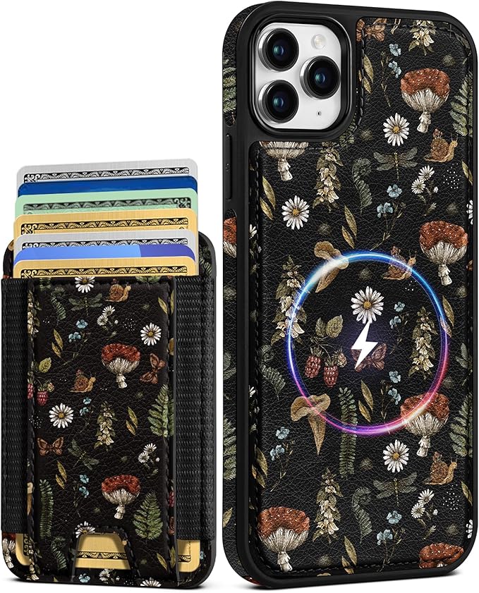 Shorogyt for iPhone 11 Pro Max Wallet Case - Fits 5 Cards, Compatible with Magsafe Detachable Magnetic Credit Card Holder Leather Cardholder Cute Phone Cover Women Girls for Apple 11 ProMax, Mushroom