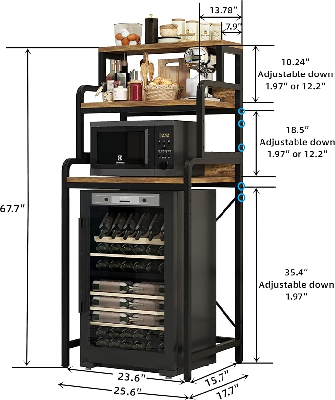 4- Tier Mini Fridge Stand Shelf with Power Outlet, Double-Purpose Rack, Mini Fridge & Microwave Oven Stand Table, Bar Cabinet, Free Standing Shelf for Office, Kitchen, Home.