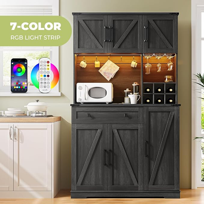 Dripex 71" Pantry Cabinet with Charging Station, Farmhouse Kitchen Pantry Storage Cabinet with Outlet & LED Light, Microwave Stand, Tall Kitchen Hutch with Storage for Living Room, Dining Room, Black