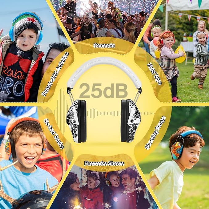 PROHEAR 032 Kids Ear Protection Safety Ear Muffs, NRR 25dB Noise Reduction Childrens Earmuffs, Adjustable Headband Hearing Protectors for Concerts, Racing, Airports - Skull Pattern