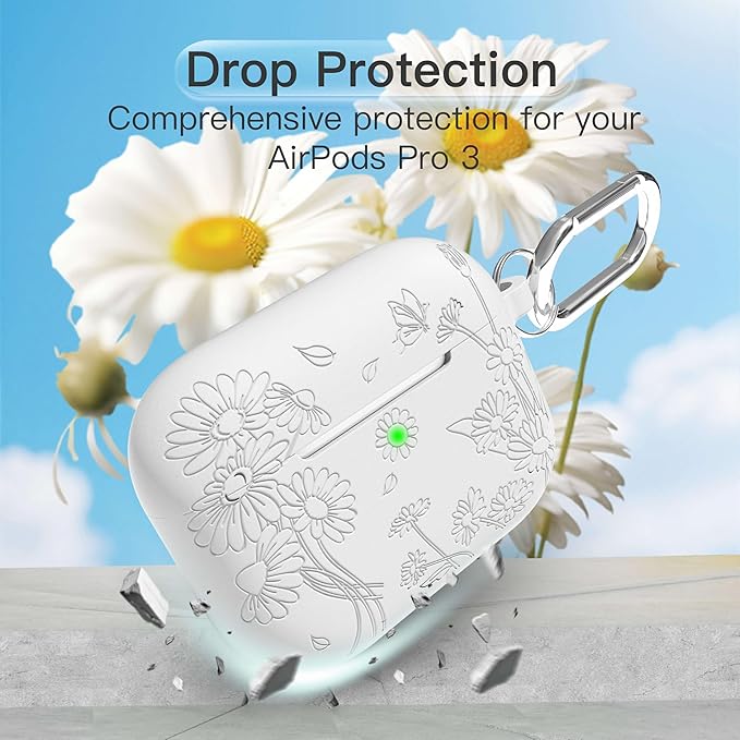 for AirPods Pro 3 Case (2025) DamonLight Daisy Floral Engraved Shockproof Protective Soft Silicone Case Cover with Cleaning Pen and Keychain for Apple Airpods Pro 3rd Generation(White)