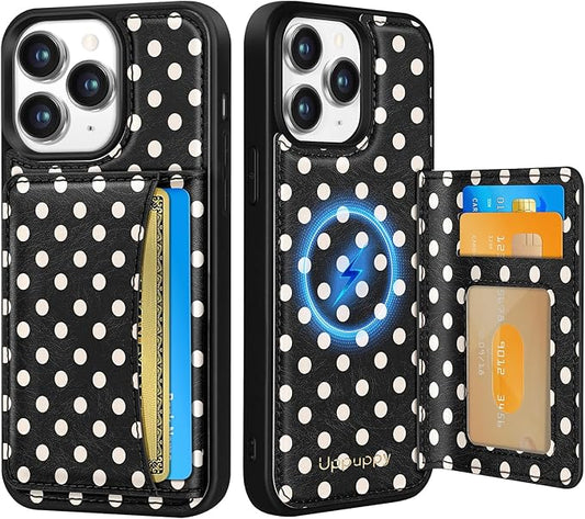 for iPhone 11 Pro Case with Wallet - Fits 4 Card Slots, Compatible with MagSafe for Women Aesthetic Durable PU Leather Credit Card Holder Kickstand Phone Cover for Apple 11 Pro, Black Polka