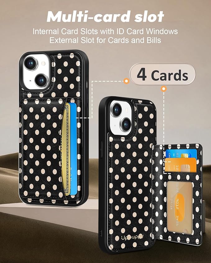 for iPhone 14 Plus Case with Wallet - Fits 4 Card Slots, Compatible with MagSafe for Women Aesthetic Durable PU Leather Credit Card Holder Kickstand Phone Cover for Apple 14 Plus, Black Polka