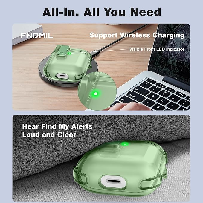 Case for AirPods 1/2 Case Cover with [Lock Safety & Pop Up][Military Shockproof] Anti-Yellow Transparent Soft TPU Wireless Charging for AirPods 1st/2nd Generation Case with Keychain,Clear Green