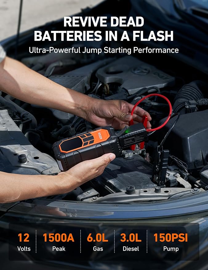 AstroAI S8 Air Nano Jump Starter with Air Compressor, 1500A Peak Car Battery Jump Starter Portable (6.0 Gas/3.0L Diesel) with 150PSI Auto-Shutoff Tire Inflator, 12V Battery Charger Booster(Orange)