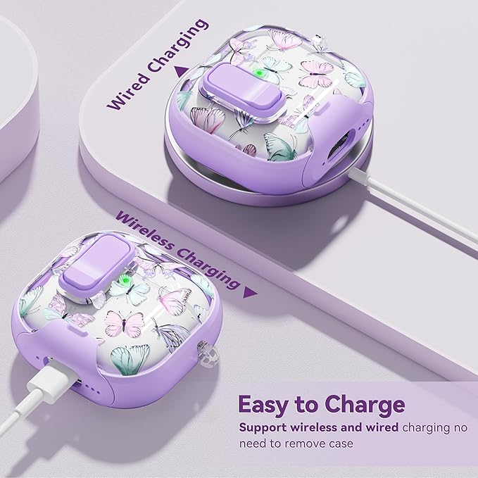 with Safety Lock for Apple AirPods 4 Case,Clear Floral Cute AirPod 4th Generation Case with Phone Stand & Cleaning Kit for Women Girly-Purple+Butterfly