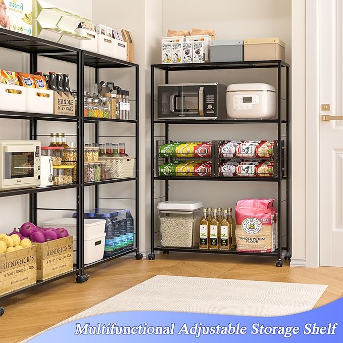 4 Tier Wire Shelving, Rolling Storage Rack with Wheels, Metal Shelving Unit with Adjustable Shelf, Black Shelves for Kitchen, Garage, Pantry & Closet Organizer 32.7" L x 11.8" D x 49.2" H