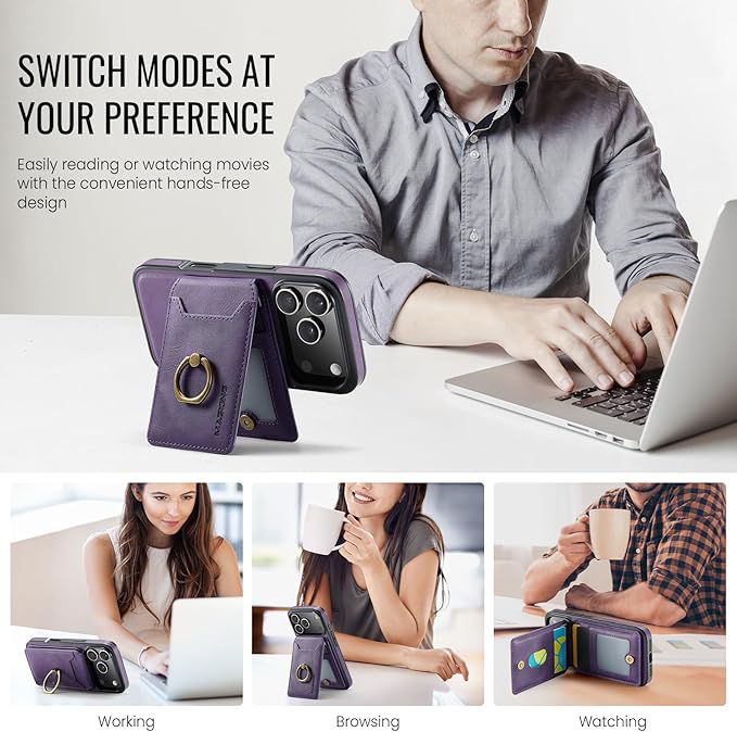Wallet Case for iPhone 17 Pro, 2 in 1 Strong Magnetic Detachable, Shockproof Phone Case Compatible with MagSafe, Slim Leather Wallet RFID Blocking 5-Card Holder Ring Grip Stand (Purple)