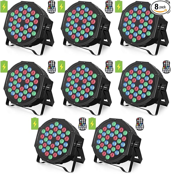HOLDLAMP Rechargeable Par Lights 36W RGB Battery Powered, Wireless LED Par Lights DJ Uplights Sound Activated& Remote Control for Wedding Events Club Party Church Stage Lighting, 8 Pack