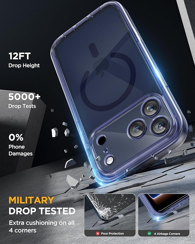 Miracase for iPhone 17 Pro Max Case 6.9" Full-Body Phone Case with Built-in Glass Screen Protector& Full Camera Protector,[Magnetic with MagSafe] Drop Proof 17 ProMax Cover, Clear Blue