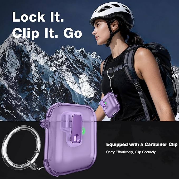 Case for AirPods 1/2 Case Cover with [Lock Safety &Pop Up][Military Shockproof] Anti-Yellow Transparent Soft TPU Wireless Charging for AirPods 1st/2nd Generation Case with Keychain,Clear Purple