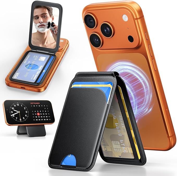 Magnetic Phone Wallet With Makeup Mirror - Mag Safe Wallet Leather RFID-Blocking Mag-Safe Card Holder for iPhone 17/16/15/14/13/12 Series, Not for iPhone 13/12 Mini (Black)