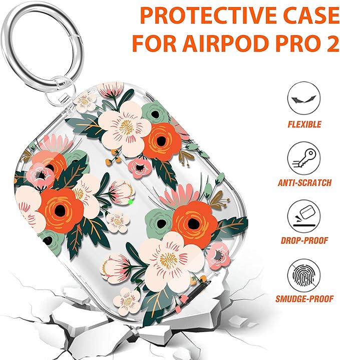 Maxjoy for AirPods Pro 2nd Generation Case, Clear AirPods Pro 2 Case for Women Men Cute Protective Soft AirPod Pro 2 Cover with Keychain Strap for AirPod Pro 2nd Gen Cover 2023/2022, Flower