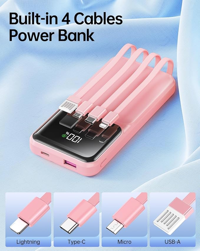 Portable Charger with Built in Cable - Power Bank Fast Charging USB C LED Display 10000mah Battery Pack 5 Outputs & 3 Inputs for Travel Essentials iPhone Samsung Android Phones Tablets Pink