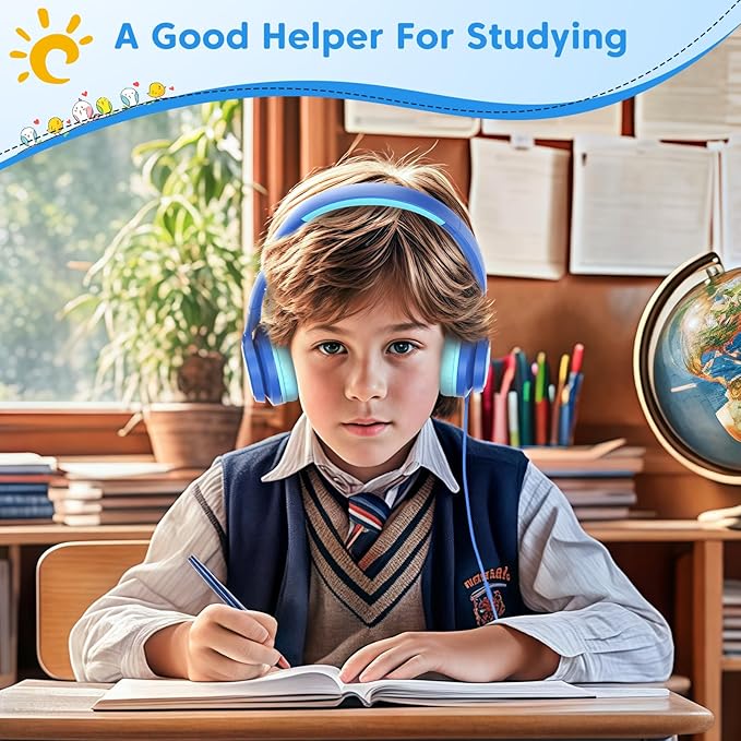 Kids Headphones for School Travel, Upgrade USB Type C Safe Volume 94dB, with Mic HD Stereo Sound Foldable On-Ear Headphones for Boys/Girls/Students/Tablet/Travel Blue
