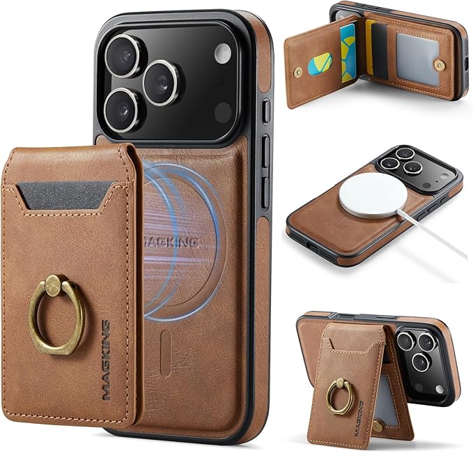 Wallet Case for iPhone 17 Pro, 2 in 1 Strong Magnetic Detachable, Shockproof Phone Case Compatible with MagSafe, Slim Leather Wallet RFID Blocking 5-Card Holder Ring Grip Stand (Brown)