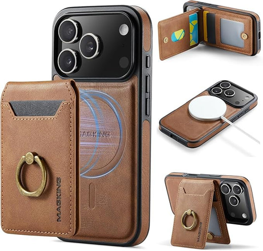 Wallet Case for iPhone 17 Pro, 2 in 1 Strong Magnetic Detachable, Shockproof Phone Case Compatible with MagSafe, Slim Leather Wallet RFID Blocking 5-Card Holder Ring Grip Stand (Brown)