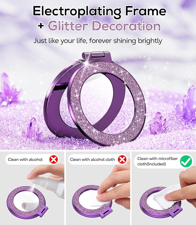 Upgraded Magnetic Phone Ring Stand Built in Mirror for Magsafe, [Electroplated & Glitter], Phone Ring Holder Grip Kickstand for iPhone 17 Pro Max 16 15 14 13 12 Series for Girl Women, Purple