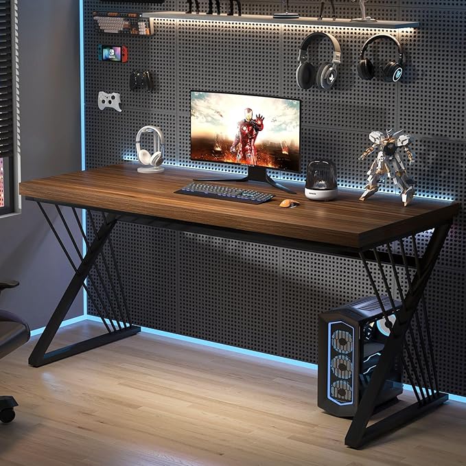 FOLUBAN Office Desk, Modern Wood and Metal Home Desk, Writing Study Work Desks for Bedroom, Industrial PC Gaming Table for Living Room, Walnut, 60 Inch