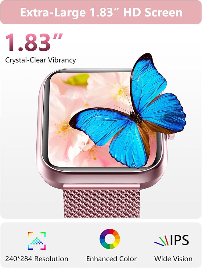KALINCO Smart Watch Women [2 Bands, 44mm case] 1.83" Alexa Fitness Tracker, Heart Rate, Sleep, Stress Monitor, IP68 Waterproof Smartwatch, Make/Answer Calls, Compatible with iPhone & Android Phones
