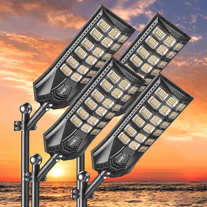 Solar Street Lights Outdoor Waterproof IP65, 3000K/4500K/6500K Solar Floodlight Dusk to Dawn with Motion Sensor and Remote, Solars Security Lights for Outside Yard, Garden (4 Pack)