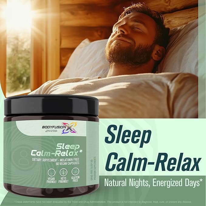 BodyFusionX Sleep Calm-Relax with KSM-66® Ashwagandha & L-Theanine – Natural Sleep Support Supplement, Stress Relief & Post-Workout Recovery – Melatonin-Free, Non-Habit Forming, Vegan Capsules